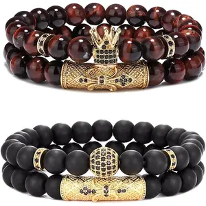 Crown King 4 Pcs 8mm Black Onyx & Tiger Eye Stone Beads Bracelet Set for Men Women High-Quality Sturdy Durable Elastic Rope Bracelets Black Onyx