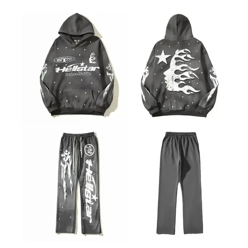 Hellstar Flame Hoodie & Sweatpants Set, Unisex Oversized Streetwear Outfit for Men & Women, Everyday Casual Wear