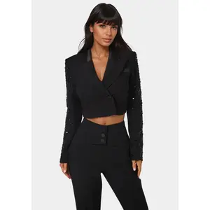 Tailored Beaded Sleeves Cropped Blazer