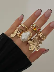 Vintage Flower Design Cuff Ring, Statement Multi Ring, Fashionable Jewelry for Women & Girls, Casual Jewelry for Party, Daily Clothing Decor, Trendy All-match & Exquisite Jewelry for Birthday Gift