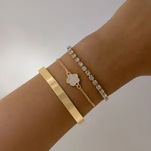 three-piece set Gold Multi Chain Bracelet Set Luxury Stackable Bracelets with Shiny Wide Metal Chain Rhinestone Thin Chain and Five Leaf Clover Pendant for Women Five Leaf Clover Gold Bracelet  Stackable Gold Bracelet for Women