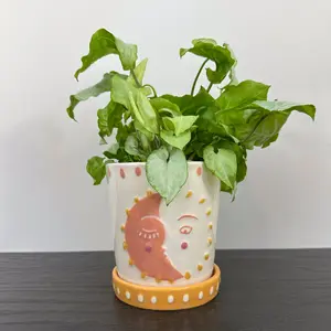 Large Sun and Moon Face Ceramic Planter & Tray
