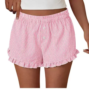 PrettyGarden Women's Boxer Shorts Y2K Ruffle Pajama Summer Spring Lounge Sleep Striped Casual Beach Pj Bottoms Pockets