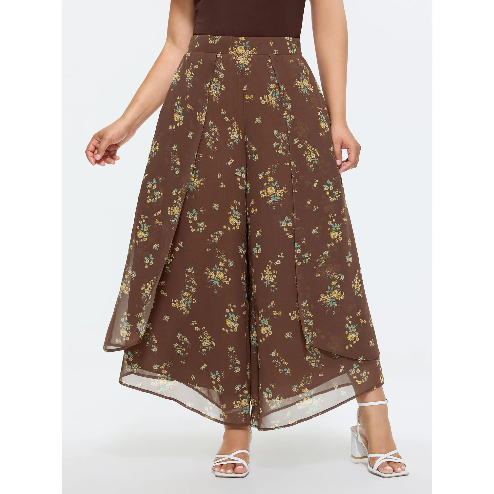 BloomChic Plus Size Pants, Ditsy Floral Print Wide-Leg Fit in Smooth Polyester, Pull-On Style with Ruffle Hem and Side Pocket, Garment, Bottoms, Fabric, Floral Pattern, Regular Length, Women, Plus Size Clothes, Mid Rise, Casual Boho Pants, Pants For Women