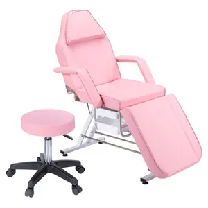 Massage Salon Tattoo Chair,Multi-Purpose 3-Section Facial Bed Table, with Hydraulic Stool and Two Trays, Adjustable,fit for Beauty,Barber,Spa,Easy to Assemble, Pink