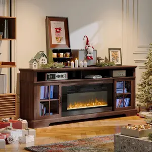 【2 Packages Shipping】70" Fireplace TV Stand, Modern Entertainment Center for TVs Up to 80”, TV Console with Storage Cabinets, Media Console for Living Room, Brown TV Stand and Black Fireplace