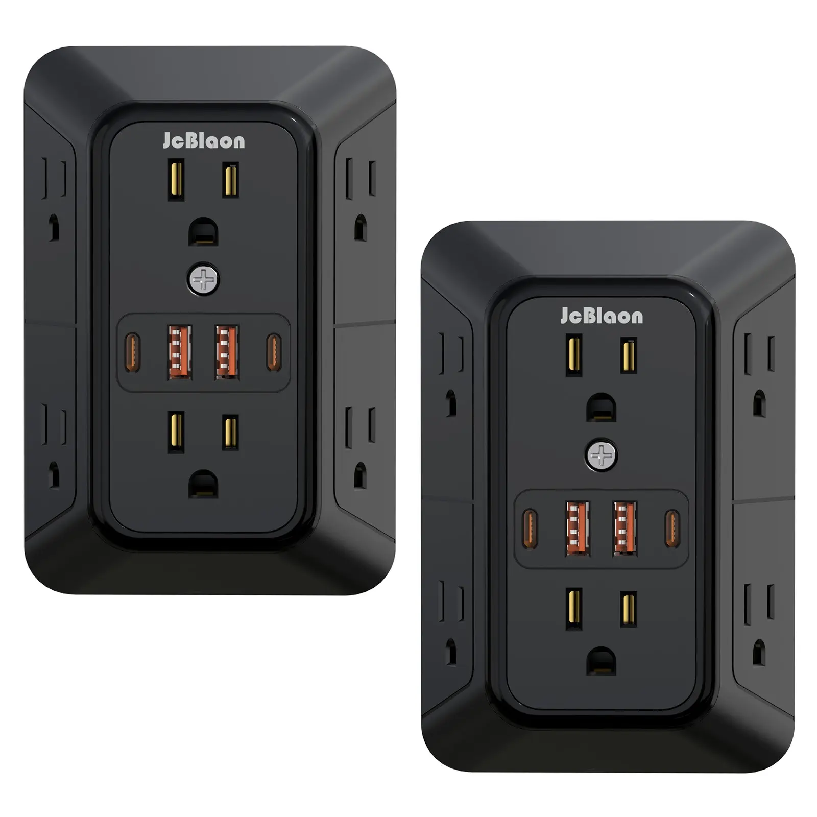 2-Pack 3 Sided Multi Plug Wall Adapter Power Outlets Strip With Surge Protector, Multiple Outlets Plugs ,6-Outlet Extension Cord Multi-Functional Wall Socket Extender with 4 USB Charging Ports (2 USB-C Port), for Home Office Kitchen Travel(Black)