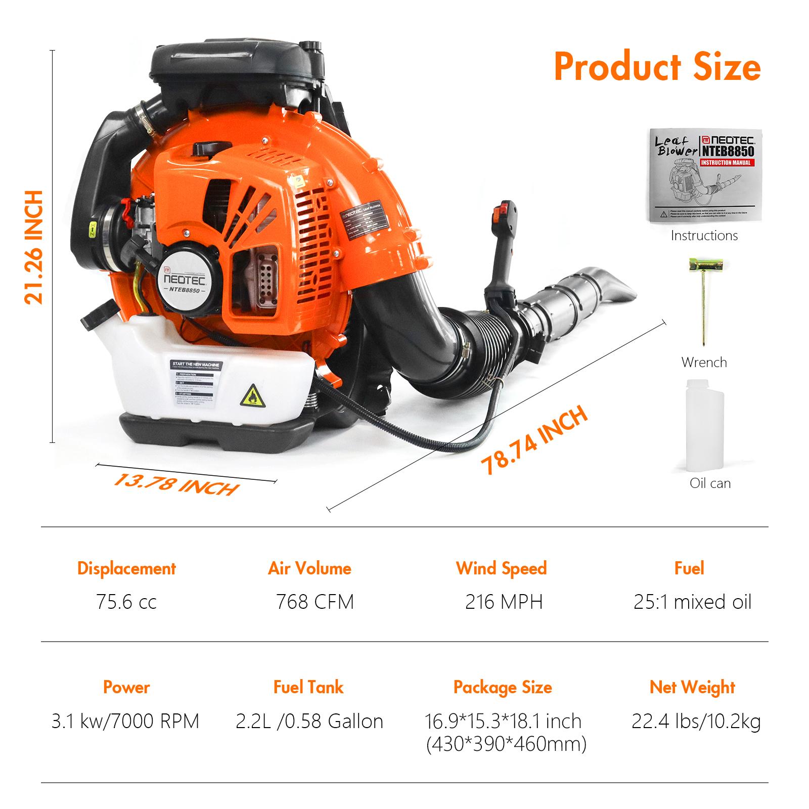 【fathersdaygift】NEOTEC 75.6cc Gas Leaf Blower Backpack 847 CFM 236 MPH 2-Cycle Ergonomic & 52cc Gas Backpack Leaf Blower 2-Stroke Engine 768 CFM 216 MPH