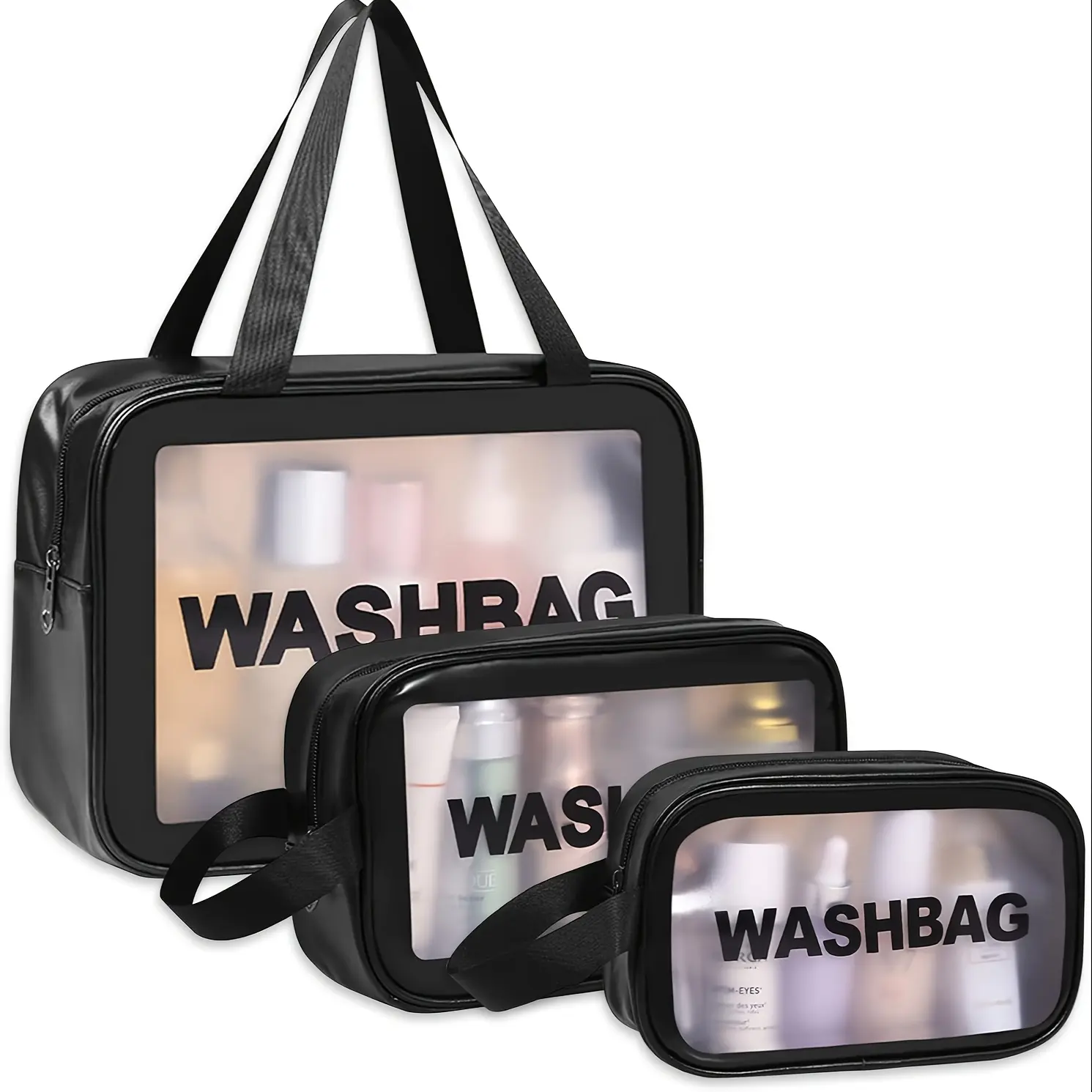 Set of 3, Upgrade Travel Toiletry Bags for Women, Matte Translucent Shower Bag with Handy Handle, Large Capacity Translucent Travel Cosmetic Bags (Only bags)