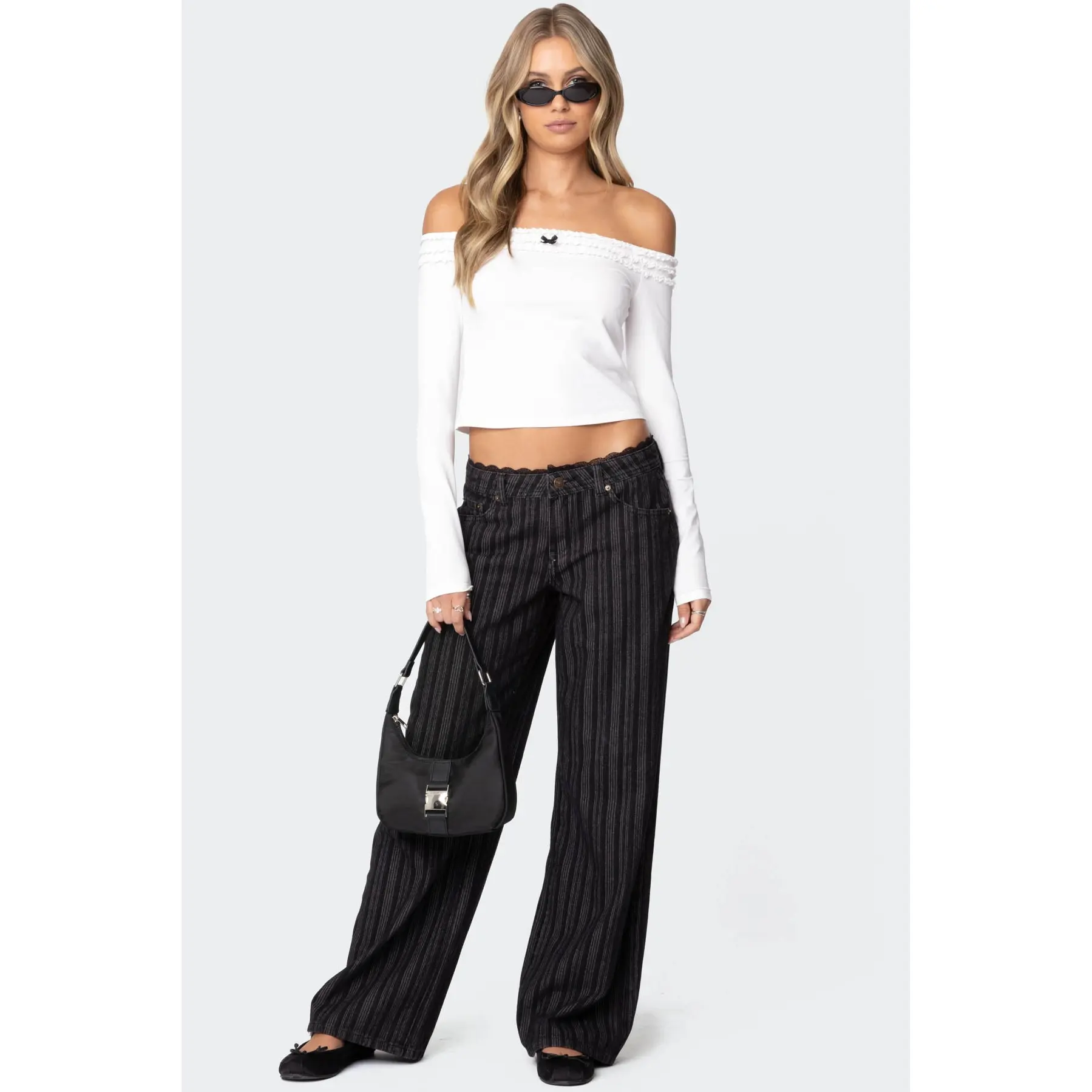 Lace Trim Striped Low Rise Baggy Jeans