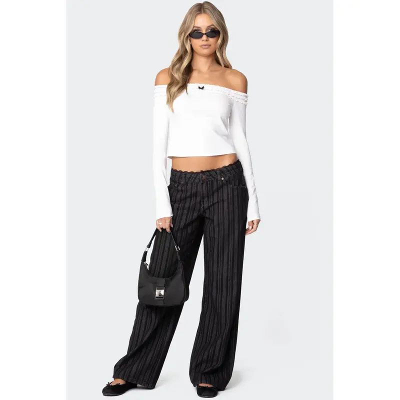 Lace Trim Striped Low Rise Baggy Jeans