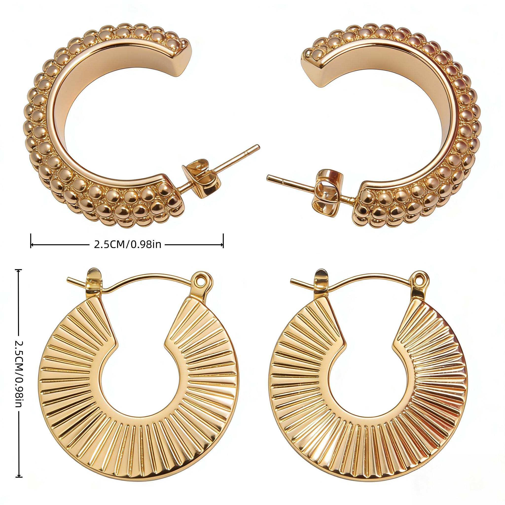 18K Gold Plated Hoop Earrings Set for Women - 2 Pairs  Gold Hoops, Textured Beaded & Sunburst Statement Earrings, Hypoallergenic , Waterproof Tarnish-Resistant Fashion Jewelry Gifts