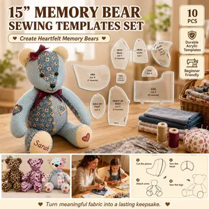 10Pcs Memory Bear Sewing Template Ruler Set, Durable Teddy Bear Pattern Templates with Instructions, Quilting Rulers for DIY Plush Doll Making, Portable Sewing Craft Tools for Beginners, Keepsake Bear Handmade Gifts, Quilters Craft Lovers