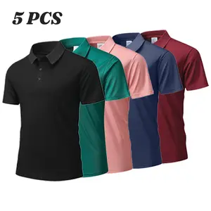 Men's 5 PCS Multi-Color Short-Sleeve Polo Shirts Set, Classic Collar Button Design Casual Daily Tops