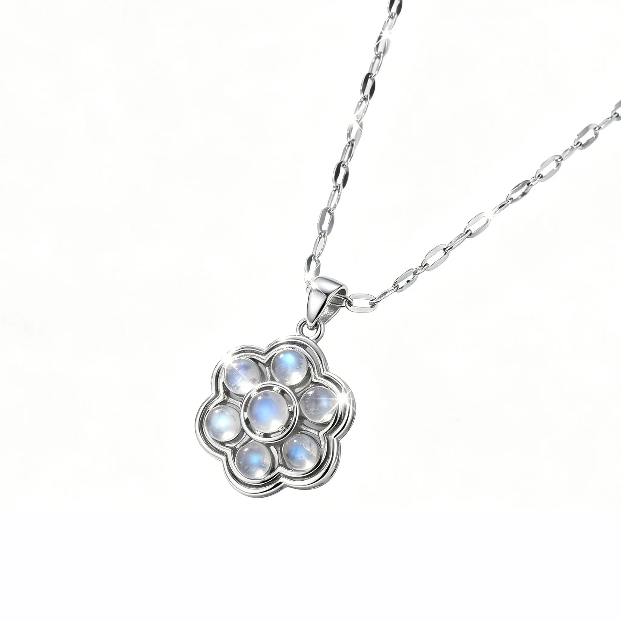Women's Rotating Hollow Pendant Necklace - Natural Blue Flash Gray Moonstone, Luxury Blue Crystal Silver Necklace, Anxiety Relief Fidget Jewelry, Moon Element Birthday Gift, Blue Crystal Necklaces, Moon Element Necklaces