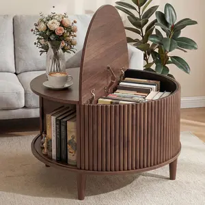 Round Coffee Table with Sliding Door Storage, 31.69 Inch Mid Century Modern 2-Tier Center Table, Rustic Wood Coffee Table with Flip-Top Compartment for Living Room