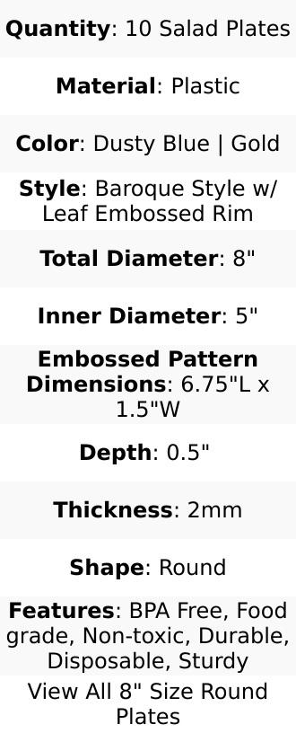 10-Pack Plastic Round Dessert Plates 8" Dusty Blue with Gold Leaf Embossed Rim - Vintage Baroque Style Disposable Salad Plates