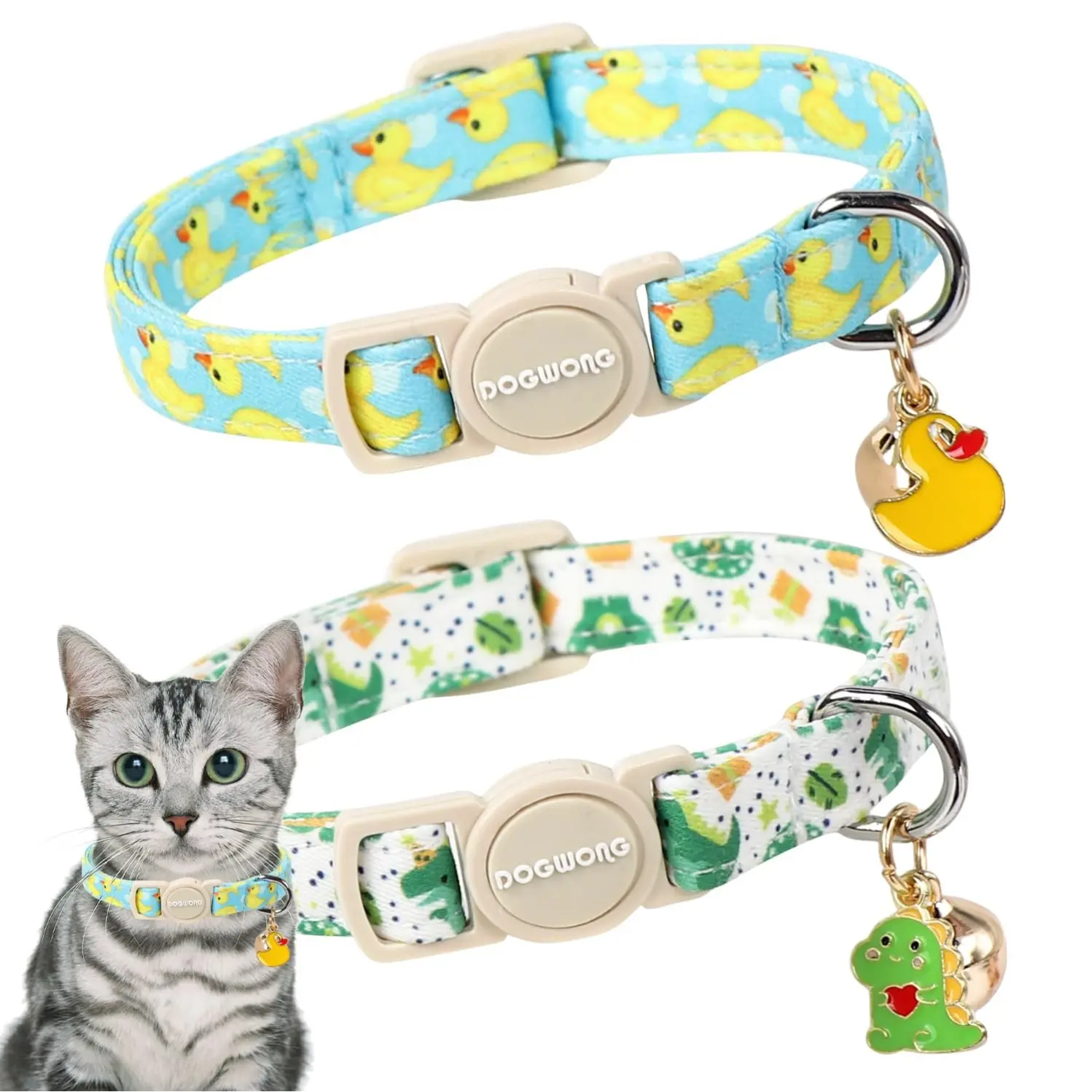 DOGWONG 2 Pack Summer Breakaway Cat Collars with Bell, Adjustable Duck & Dinosaur Print Accessory - Safety Soft Pet Collar for Girl Boy Cats DOGWONG 2 Pack Summer Breakaway Cat Collars with Bell, Adjustable Duck & Dinosaur Print Accessory - Safety Soft Pet Collar for Girl Boy Cats