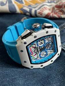 Street Style Colorblock Watch, Casual Quartz Analog Watch, Barrel Shape Hollow Mechanical Dial, Three Eye Timer, Silicone Strap, Unisex Wristwatch, Barrel Shaped Watch
