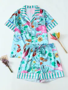 Women's Soft Flamingo Print Pajama Set, Comfortable Nightwear, Stylish Short Sleepwear, Perfect for Casual Home Use Loungewear Womenswear Piece Polyester
