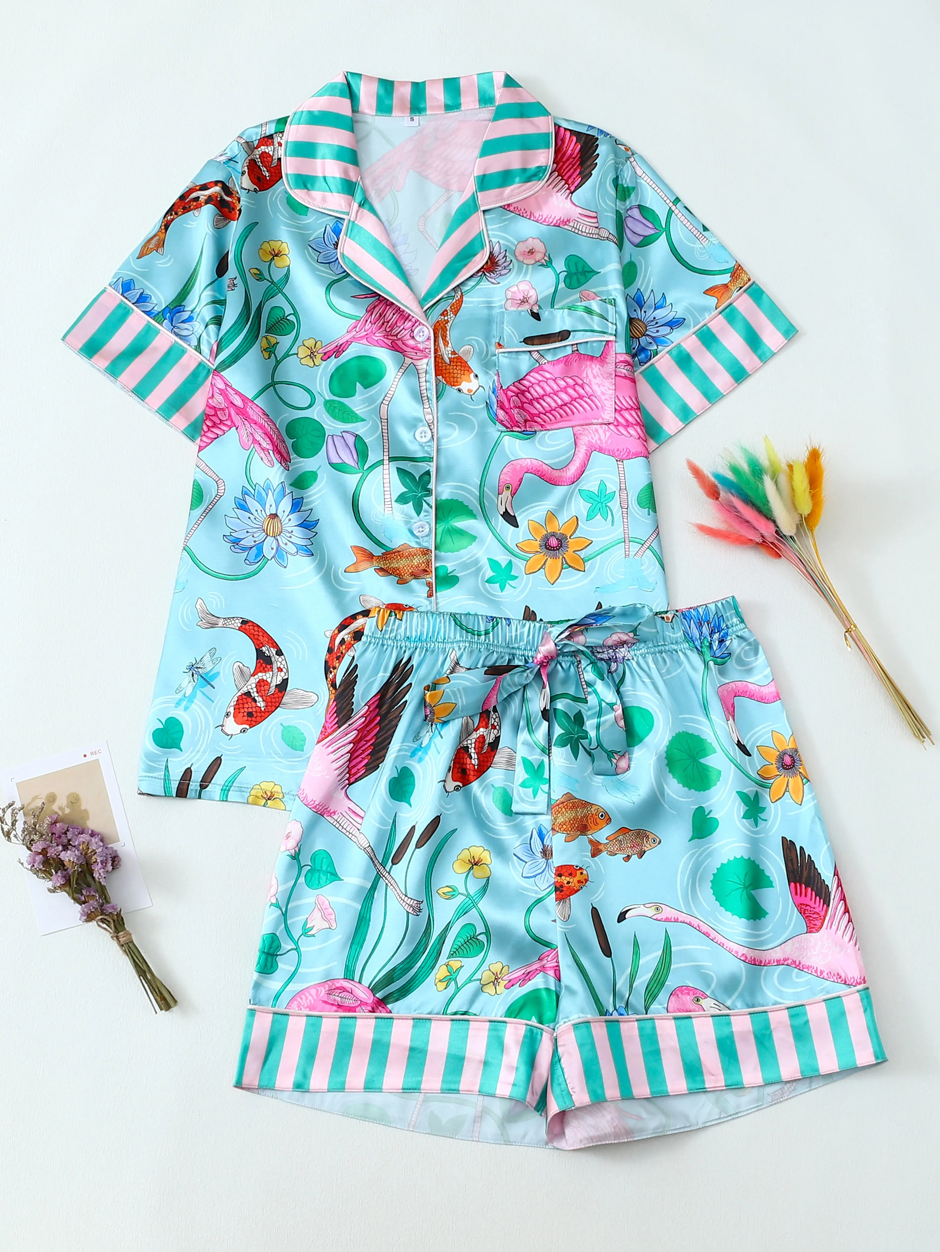 Women's Soft Flamingo Print Pajama Set, Comfortable Nightwear, Stylish Short Sleepwear, Perfect for Casual Home Use Loungewear Womenswear Piece Polyester