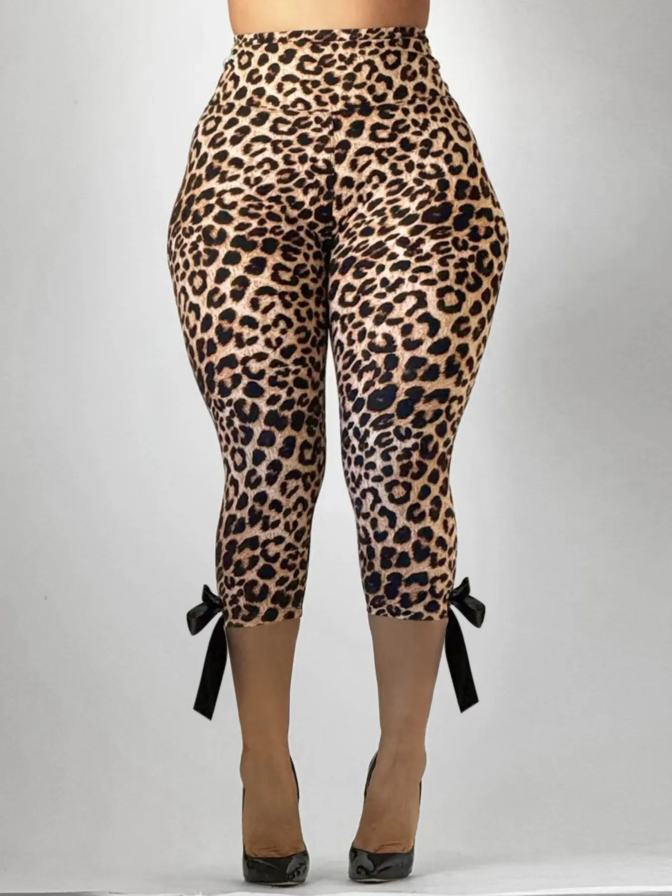 Elegant Slimming Capri Pants, High-Waisted Leopard Print Leggings, Butt-Lifting Butterfly Knot Design Skinny Athletic Sportswear, Comfortable Sporty Athletic Bottoms