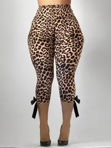 Elegant Slimming Seven-Point Pants, High-Waisted Leopard Print Comfortable Butt-Lifting High Waisted Athletic Sporty Butterfly Knot Design Skinny Sportswear Leopard Print Leggings