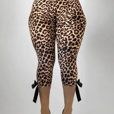 Elegant Slimming Capri Pants, High-Waisted Leopard Print Leggings, Butt-Lifting Butterfly Knot Design Skinny Athletic Sportswear, Comfortable Sporty, Gym Sportswear Bottoms