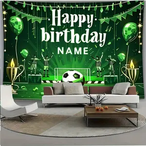 1 Piece Custom Green Soccer Theme Birthday Party Backdrop Cloth - Cozy Polyester Wall Banner Tapestry for Living Room Home Decor