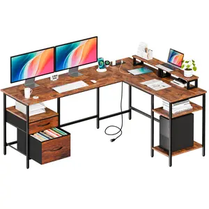62 Inch L Shaped Gaming Desk with Charging Station & 2 Monitor Stands, Computer Desk with Drawer & Adjustable Storage Shelves, Large Corner Desk for Home Office
