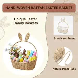 Handmade Woven Bunny Ears Basket | Boho Easter Egg Hunt Bucket | Neutral Nursery Toy Storage Organizer with Handle
