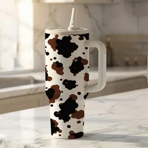 mikenda Cow Print 40oz Flask Tumbler with Lid, Handle & Straw, Western Style Insulated Cup, Trendy Cow Pattern Gift, Insulated Travel Tumbler