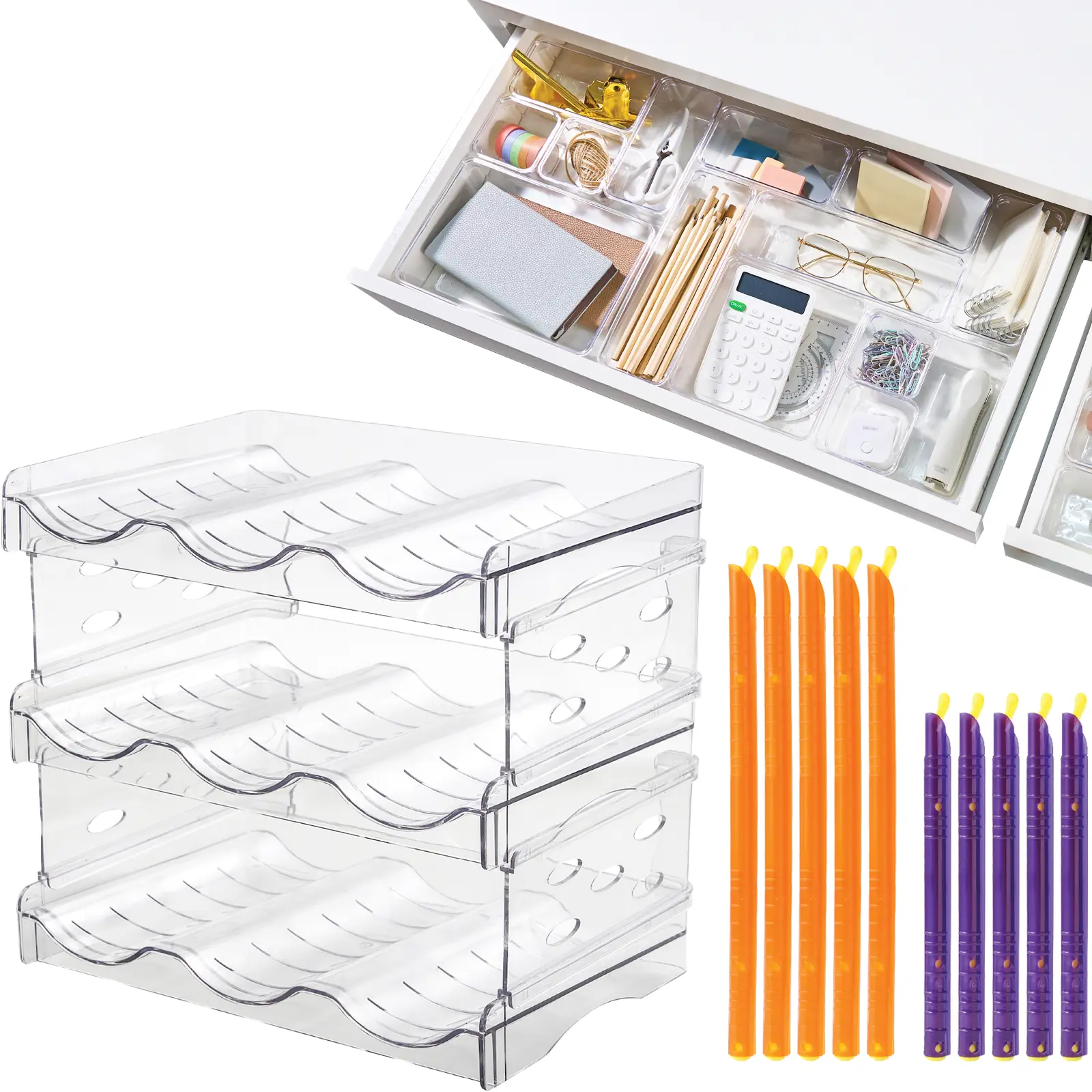 Trending Now Home Organization Bundle - 16-Piece Drawer Organizer Set, Stackable Bottle Organizer & Reusable Bag Sealer Storage Kit, Boxes, House Reset, Drawer Organizer Open Storage Bins