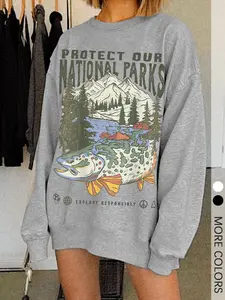 Women's Light Gray Crewneck Long Sleeves Fitted Casual Sweatshirt with National Parks Graphic Print, Soft  Eco-Conscious Top, Featuring "Protect Our National Parks" Slogan for Outdoor Enthusiasts, Womenswear