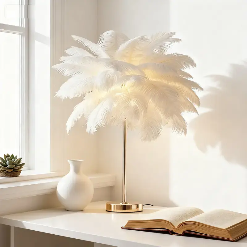 Fluffy White Feather Table Lamp - The Fuzzy Lamp with Fuzzy Look, Princess-Style Girls' Cute Gift, Mood Lighting for Bedroom Bedside Nightstand, Indoor Home Improvement Decorative Light Base & Shade