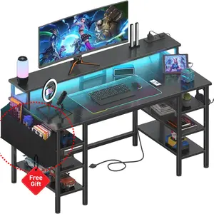 Lufeiya Gaming Desk with LED Lights and Storage Shelves, 47 inch Computer Desk with Power Outlets, Home Office Desk with Monitor Stand, Writing Table PC Desks, Black, Get Free Gift