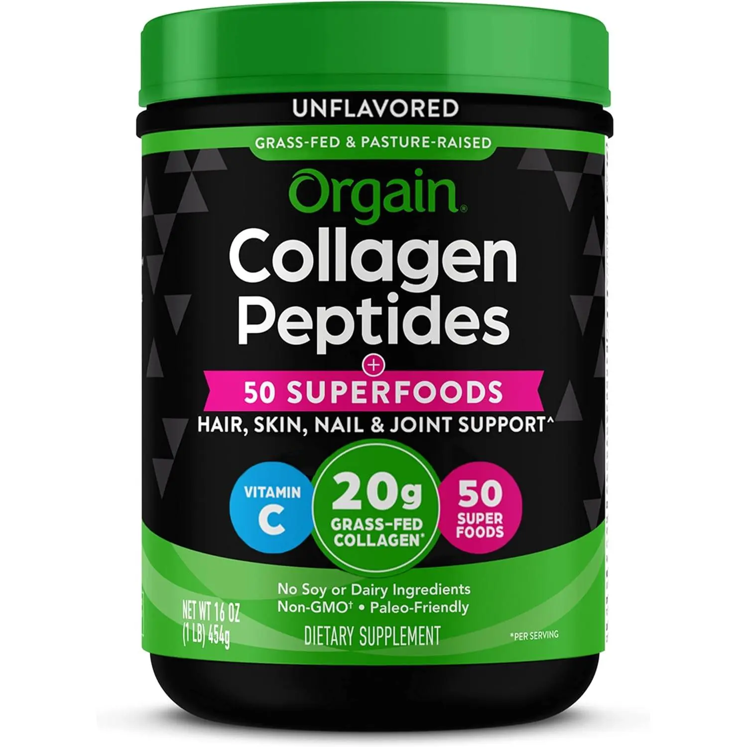 Orgain 20g Hydrolyzed Collagen Peptides + 50 Organic Superfoods Powder, 1lb | Grass fed collagen type I & III with organic superfoods for women & men with vitamin C, for hair, skin, nail, & joint support Supplement Colagen