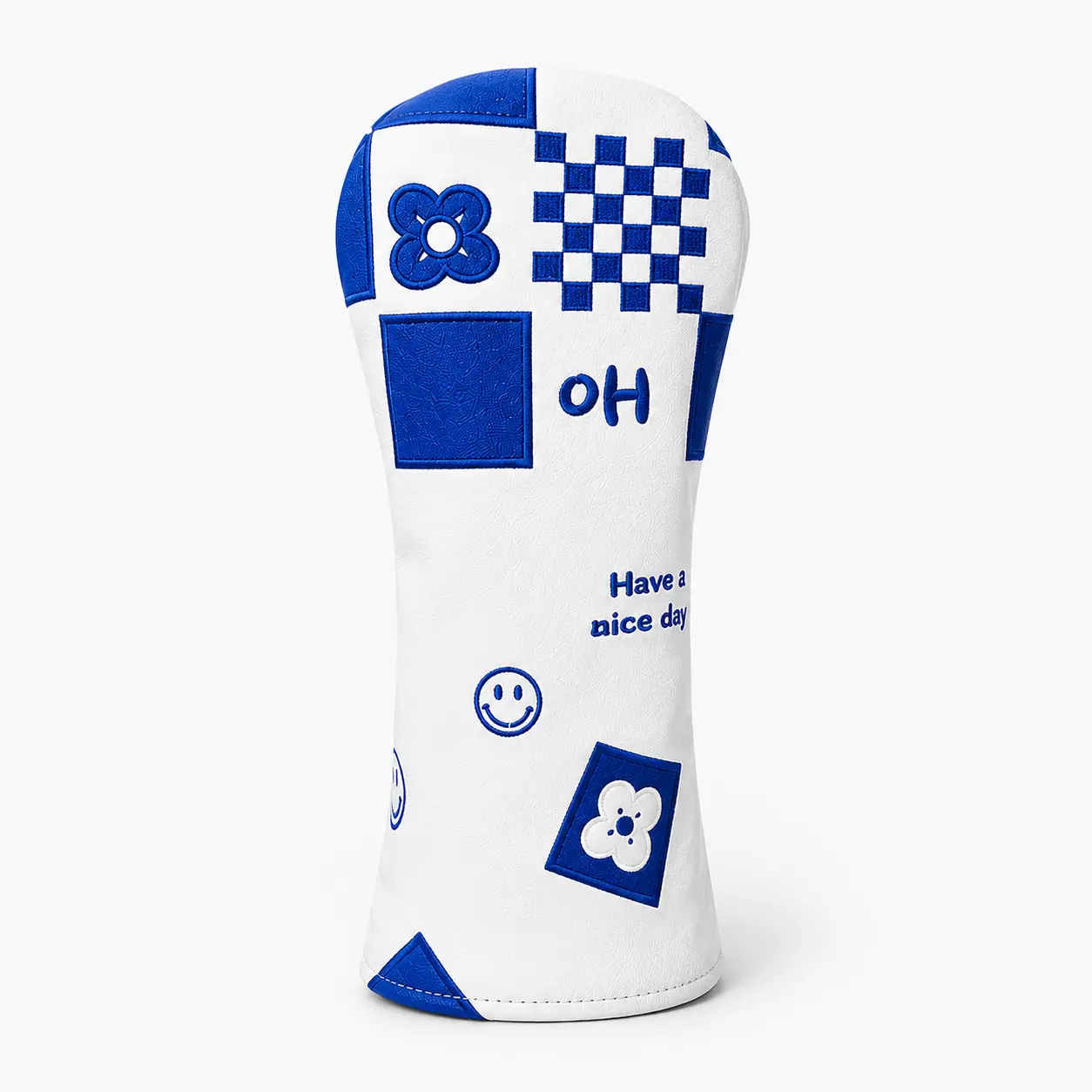 Blue & White Golf Driver Headcover, Embroidered Checkered Floral Smile Design, PU Leather Club Head Cover with Soft Plush Lining