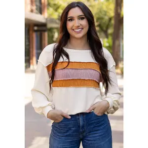 White Corded Exposed Seam Knit Patchwork Drop Sleeve Top