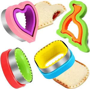Set 4 Pcs Sandwich Cutter and Sealer Bread Decruster Sandwich Cutter Pancake Maker Heart Square Circle Dinosaur Shape DIY Cookie Cutters Gift for Kids Adult Boys Girls