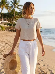 IDEALSANXUN Womens Short Sleeve Linen Shirts Casual Spring Summer Crewneck Cute Crop Beach Blouse Tops Cotton Fabric Womenswear Clothes Comfy Cropped Lightweight Outfits Solid Shortsleeve Flowy Ruched Floral Tank Beige Minimalist Tunic Basic