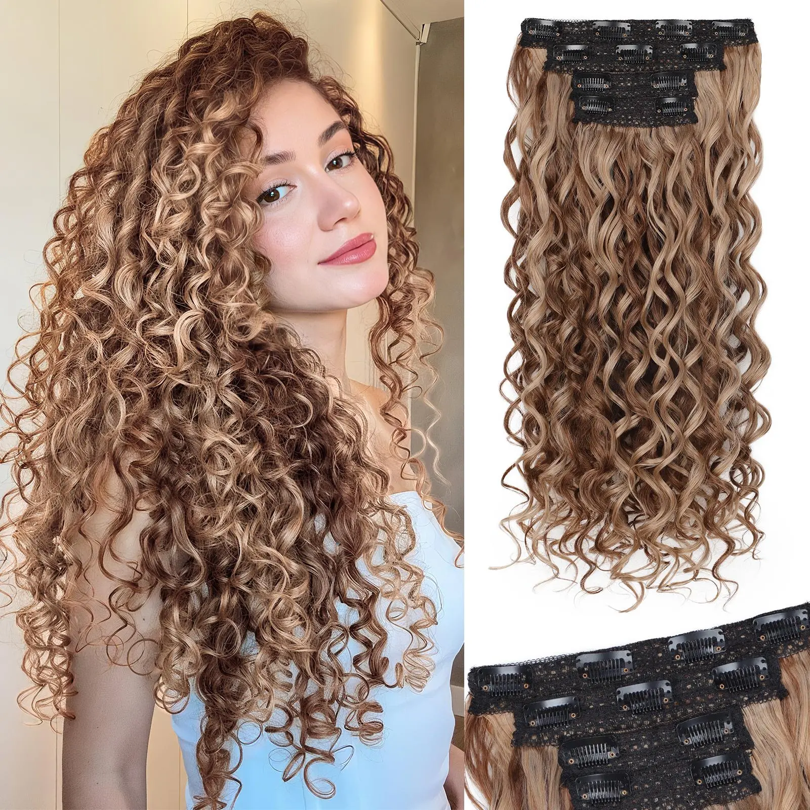 Vigorous Curly Clip In Hair Extensions,4PCS 20 inch Thick Curly Hair Extensions Lace Weft Curly Clip Ins Invisible Natural Synthetic Hairpieces for Women