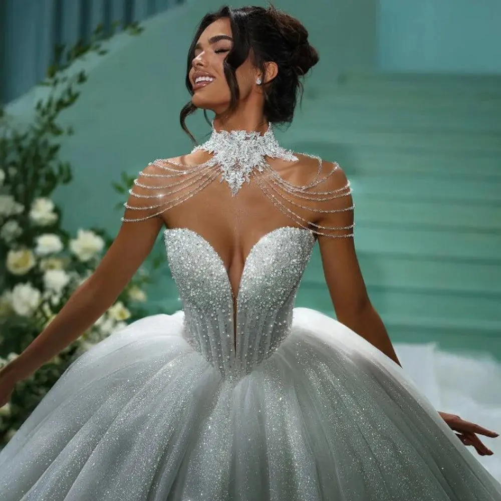 Loverxu Women's Wedding Dress 2026, Customizable Sleeveless Princess Ball Gown with Sweetheart Neckline, Glitter Beaded Cathedral Train for Bride's Wedding Day, Clothes