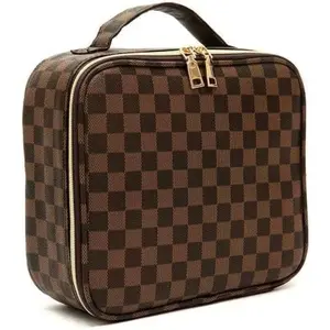Chic Checkered Cosmetic Organizer - Spacious Makeup Travel Bag with Adjustable Sections | Waterproof PU Leather Toiletry Case for Women | Perfect for Holiday Gifting