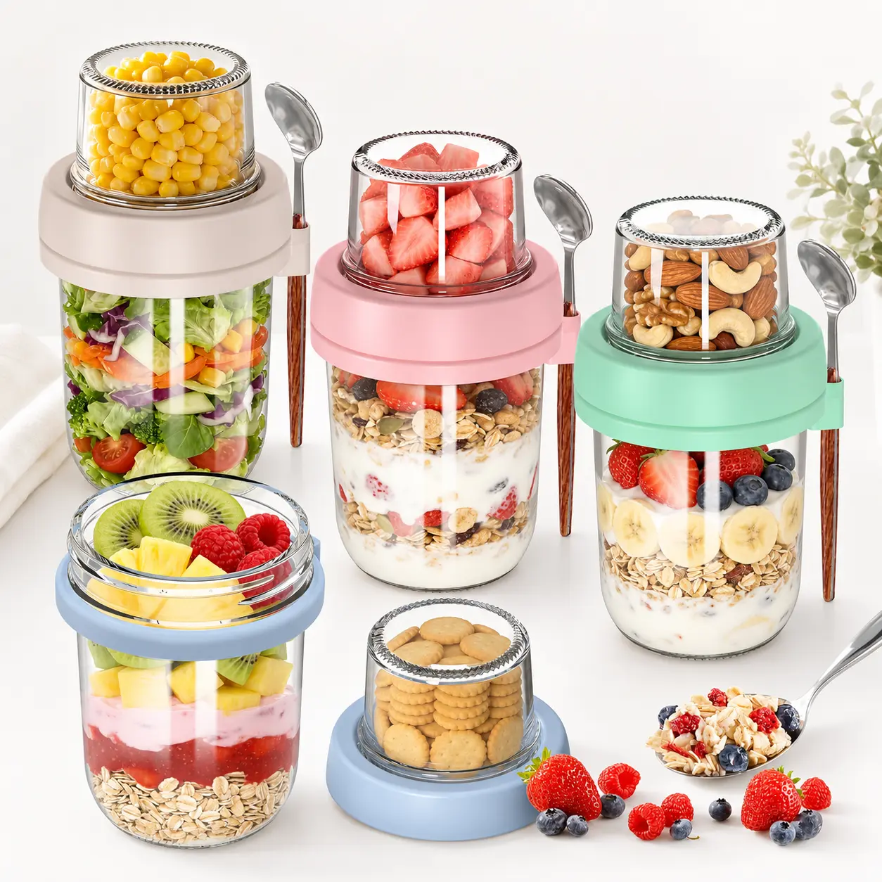 Portable Stackable Overnight Oats Glass Jars 4-Pack, 20oz Dual Compartment Storage Containers with Spoons for Meal Prep (16+4 Configuration)
