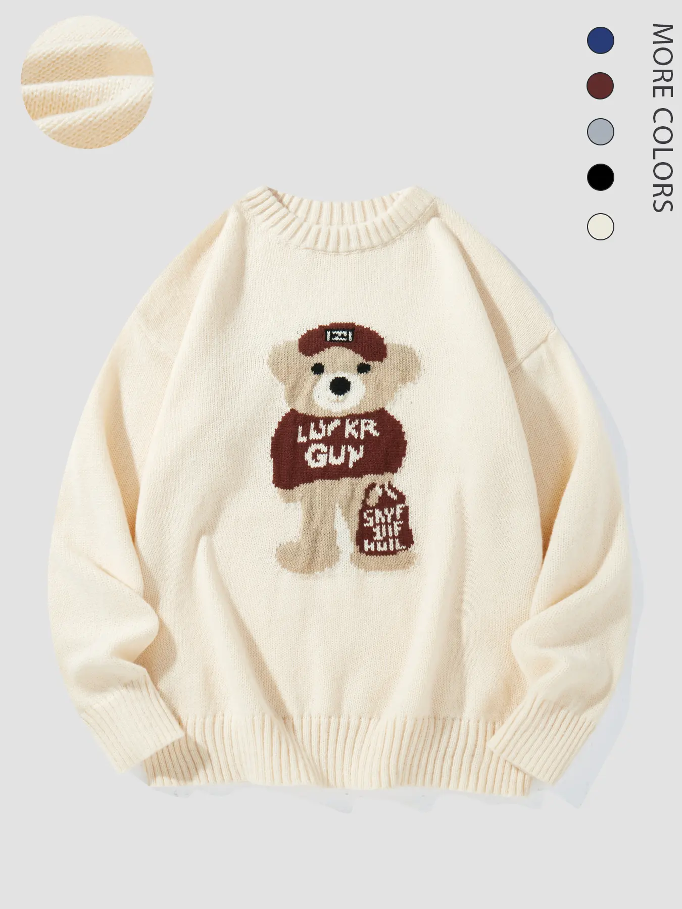 Men's Embroidered Bear Print Polyester Knit Sweater - Casual Drop Shoulder, Full Sleeve Crew Neck, Medium Length, Machine Washable Menswear for Fall & Winter