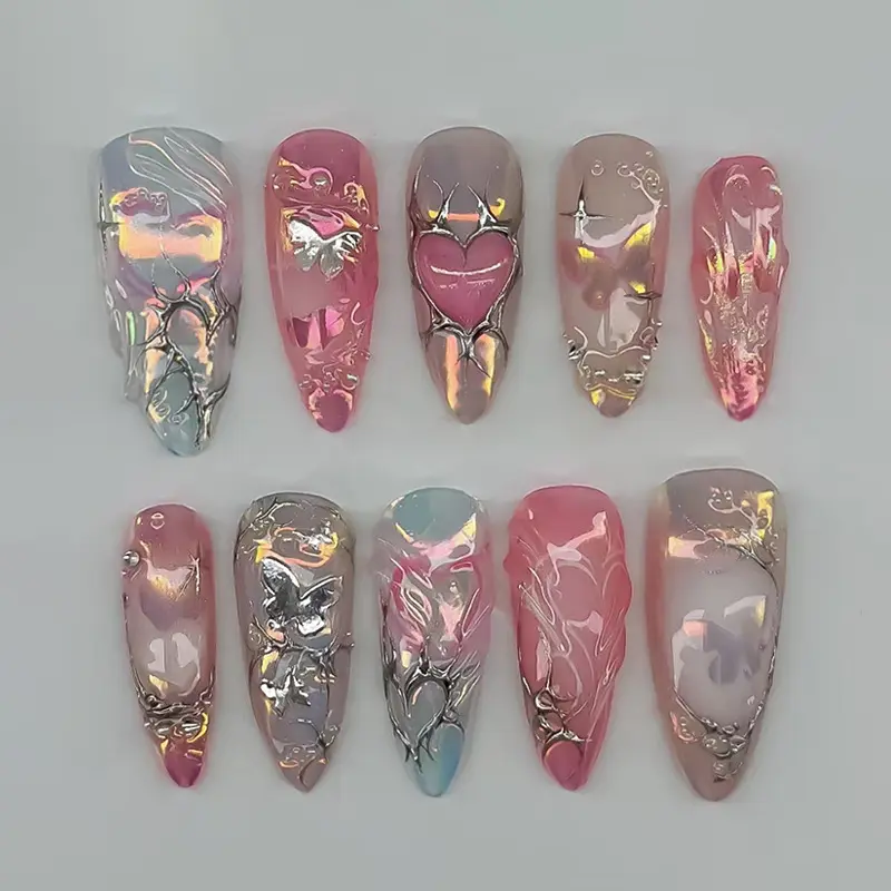 Silver Color Heart Gradient Press on Nails, Reusable Medium Length, 24pcs Glittering Fake Nails for Women and Girls, Nail Art Design, Decorative Nails