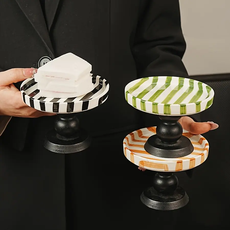 Hand-Painted Japanese Vintage Striped Aesthetic Ceramic Serving Plates, Dessert Dish, Small Appetizer Serving Tray, Kitchen Accessories, Home Diningware