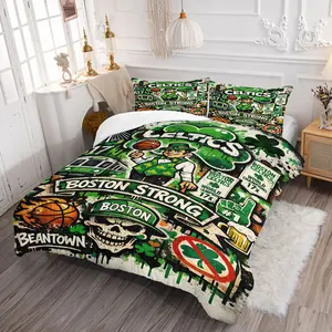 Graffiti Print Comforter Set, Includes A Comforter and 1/2 Pillowcase Without Core, “CELTICS” Lettering, The Team'S Iconic Dwarfs Hand-Painted Image, Stylish and Warm Bedroom Bedding