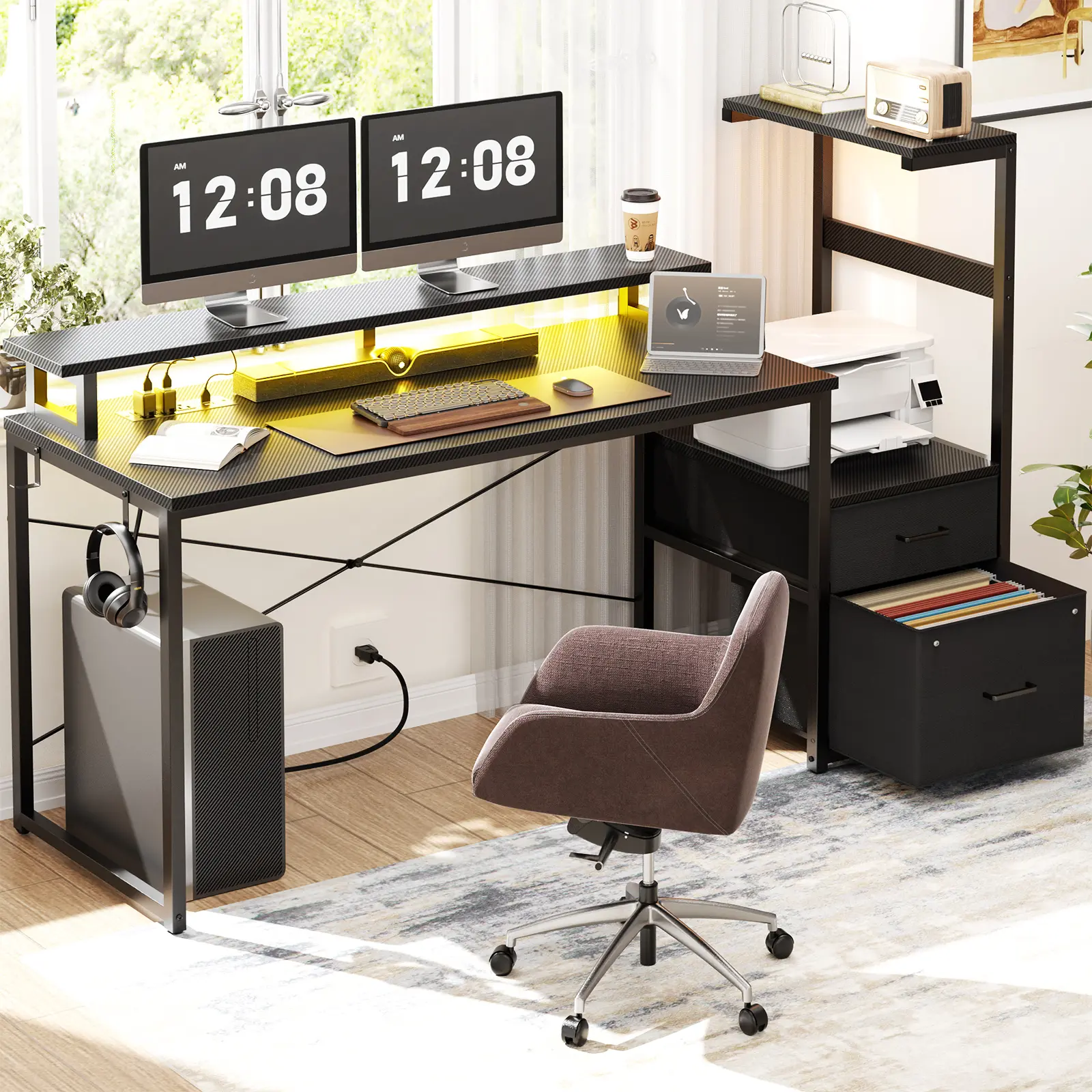 Cyclysio 60-in Ergonomic Reversible Corner Home Office Computer Desk - Gaming Furniture with Adjustable Monitor Mount, Fabric Drawers, RGB Lights, Power Outlets, Waterproof MDF Wood, Home Office Desk, Modern
